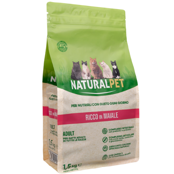 Image of NaturalPet Cat Adult Maiale - 1,5 Kg - Crocchette naturali cane - SPEDIZIONE GRATIS 1° ORDINE + scegli lo sconto BZR5 / BZR20010