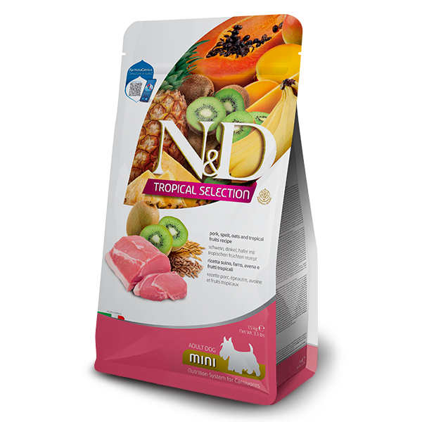 Image of Farmina N&D Tropical Dog Adult Mini Low Grain Maiale e frutta tropicale - 1,5 Kg - Croccantini per cani - SPEDIZIONE GRATIS 1° ORDINE + scegli lo sconto BZR5 / BZR20010