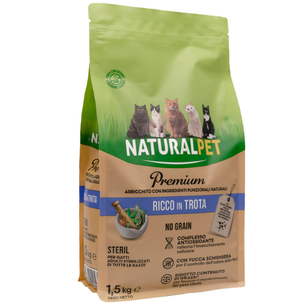 Image of NaturalPet Premium Cat Sterilised Trota - 1,5 Kg - Crocchette naturali cane - SPEDIZIONE GRATIS 1° ORDINE + scegli lo sconto BZR5 / BZR20010