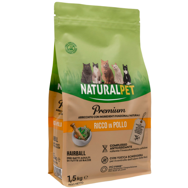 Image of NaturalPet Premium Cat Hairball Pollo - 1,5 Kg - Crocchette naturali cane - SPEDIZIONE GRATIS 1° ORDINE + scegli lo sconto BZR5 / BZR20010