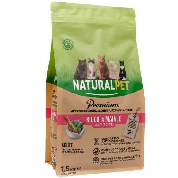 Image of NaturalPet Premium Cat Adult Maiale e prosciutto - 1,5 Kg - Crocchette naturali cane - SPEDIZIONE GRATIS 1° ORDINE + scegli lo sconto BZR5 / BZR20010