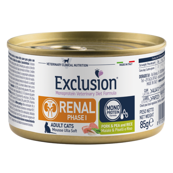 Exclusion Diet Cat Renal Fase 1 Mousse Ultra Soft 85 gr - Maiale e piselli Confezione da 6 pezzi