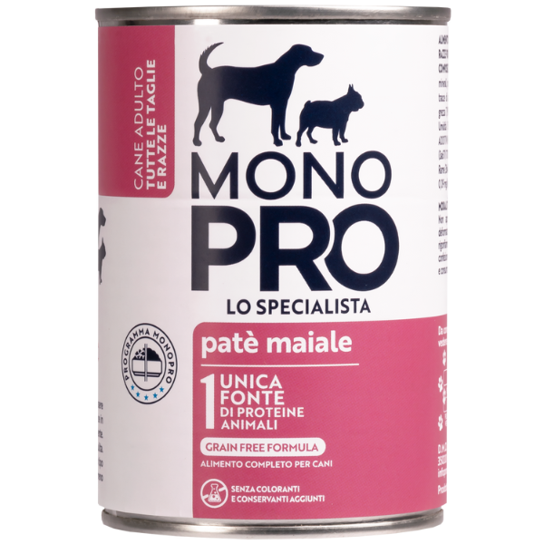 Image of Monopro lo specialista Adult All Breeds Patè Grain Free 400 gr - Maiale - Umido Monoproteico Cane - SPEDIZIONE GRATIS 1° ORDINE + scegli lo sconto BZR5 / BZR20010