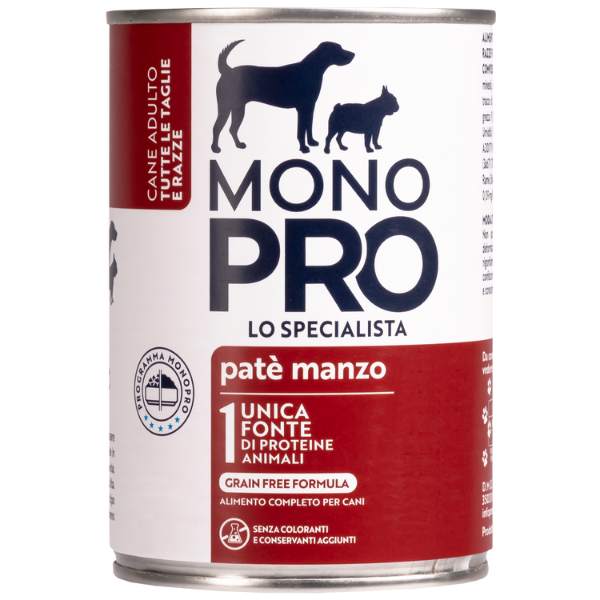 Image of Monopro lo specialista Adult All Breeds Patè Grain Free 400 gr - Manzo - Umido Monoproteico Cane - SPEDIZIONE GRATIS 1° ORDINE + scegli lo sconto BZR5 / BZR20010