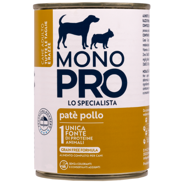 Image of Monopro lo specialista Adult All Breeds Patè Grain Free 400 gr - Pollo - Umido Monoproteico Cane - SPEDIZIONE GRATIS 1° ORDINE + scegli lo sconto BZR5 / BZR20010