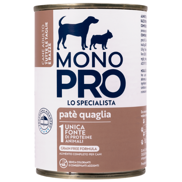 Image of Monopro lo specialista Adult All Breeds Patè Grain Free 400 gr - Quaglia - Umido Monoproteico Cane - SPEDIZIONE GRATIS 1° ORDINE + scegli lo sconto BZR5 / BZR20010