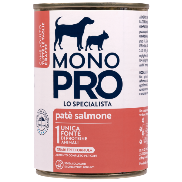 Image of Monopro lo specialista Adult All Breeds Patè Grain Free 400 gr - Salmone - Umido Monoproteico Cane - SPEDIZIONE GRATIS 1° ORDINE + scegli lo sconto BZR5 / BZR20010