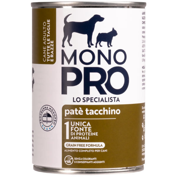 Image of Monopro lo specialista Adult All Breeds Patè Grain Free 400 gr - Tacchino - Umido Monoproteico Cane - SPEDIZIONE GRATIS 1° ORDINE + scegli lo sconto BZR5 / BZR20010