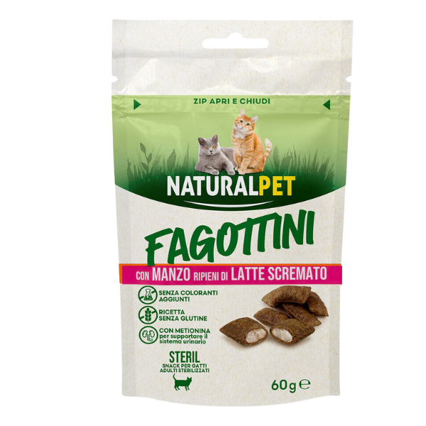 Image of NaturalPet Fagottini ripieni Cat Adult 60 gr - Sterilised Manzo con latte scremato - SPEDIZIONE GRATIS 1° ORDINE + scegli lo sconto BZR5 / BZR20010