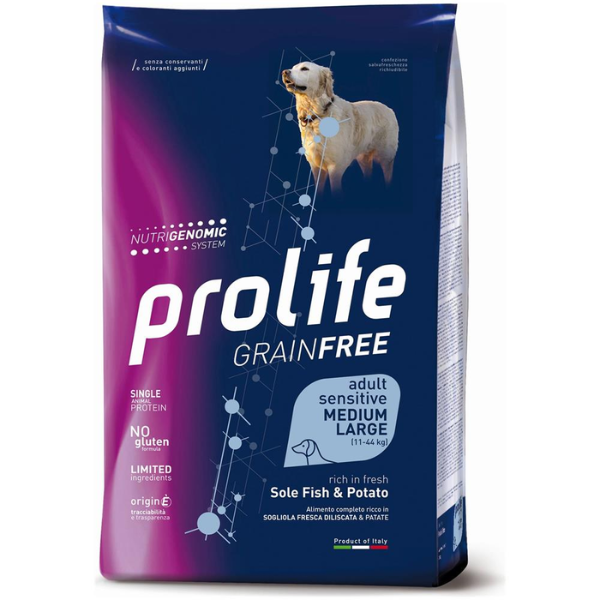 Image of Prolife Grain Free Cane Adult Sensitive Medium/Large Sogliola e Patate - 10 kg - Crocchette Monoproteiche Cane - SPEDIZIONE GRATIS 1° ORDINE + scegli lo sconto BZR5 / BZR20010