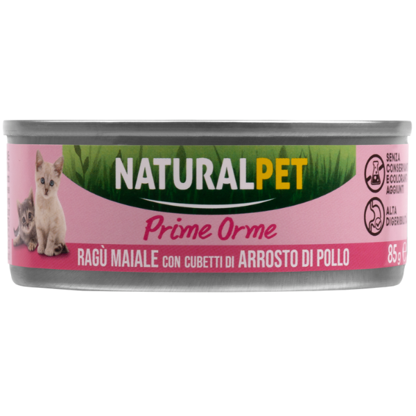 NaturalPet Cat Kitten Prime Orme 85 gr - Ragù di maiale con cubetti di arrosto di pollo Confezione da 6 pezzi