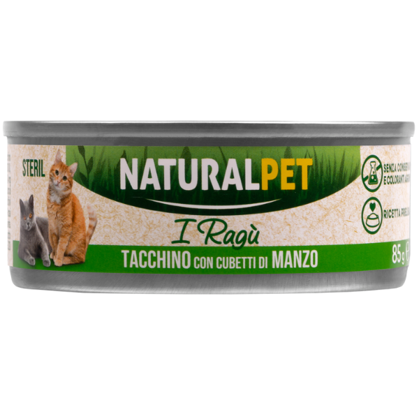 NaturalPet Cat Sterilized Deliziosi Ragù di carne 85 gr - Tacchino con cubetti di manzo Confezione da 6 pezzi