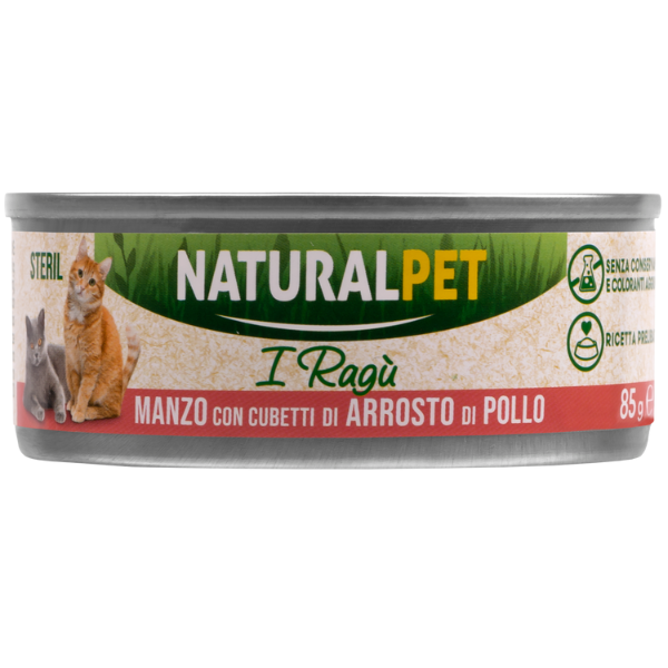 NaturalPet Cat Sterilized Deliziosi Ragù di carne 85 gr - Manzo con cubetti di arrosto di pollo Confezione da 6 pezzi