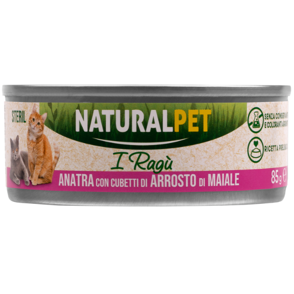 NaturalPet Cat Sterilized Deliziosi Ragù di carne 85 gr - Anatra con cubetti di arrosto di maiale Confezione da 6 pezzi