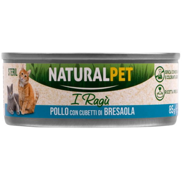 Image of NaturalPet Cat Sterilized Deliziosi Ragù di carne 85 gr - Pollo con cubetti di bresaola - Confezione da 6 pezzi - SPEDIZIONE GRATIS 1° ORDINE + scegli lo sconto BZR5 / BZR20010