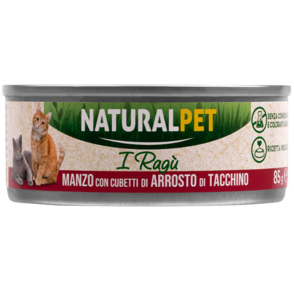 NaturalPet Cat Adult Deliziosi Ragù di carne 85 gr - Manzo con cubetti di arrosto di tacchino Confezione da 6 pezzi