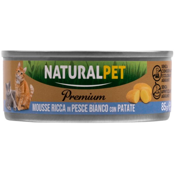 NaturalPet Premium Cat Adult Mousse 85 gr - Pesce bianco con patate Confezione da 6 pezzi