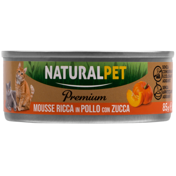 Image of NaturalPet Premium Cat Adult Mousse 85 gr - Pollo con zucca - Confezione da 6 pezzi - SPEDIZIONE GRATIS 1° ORDINE + scegli lo sconto BZR5 / BZR20010