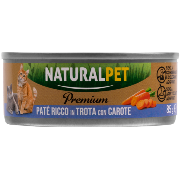 Image of NaturalPet Premium Cat Adult Patè 85 gr - Trota con carote - Confezione da 6 pezzi - SPEDIZIONE GRATIS 1° ORDINE + scegli lo sconto BZR5 / BZR20010