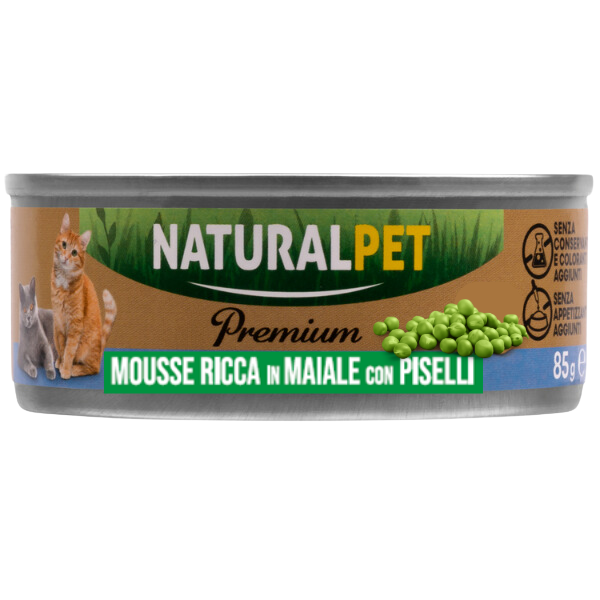 Image of NaturalPet Premium Cat Adult Mousse 85 gr - Maiale con piselli - Confezione da 6 pezzi - SPEDIZIONE GRATIS 1° ORDINE + scegli lo sconto BZR5 / BZR20010