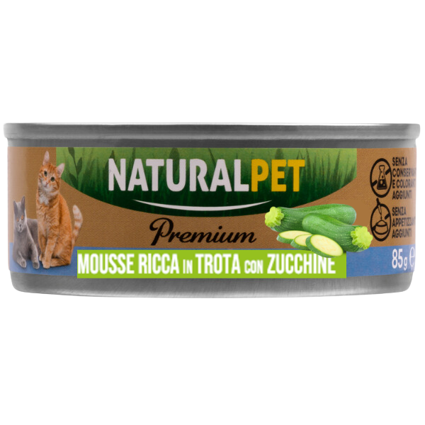 Image of NaturalPet Premium Cat Adult Mousse 85 gr - Trota con zucchine - Confezione da 6 pezzi - SPEDIZIONE GRATIS 1° ORDINE + scegli lo sconto BZR5 / BZR20010