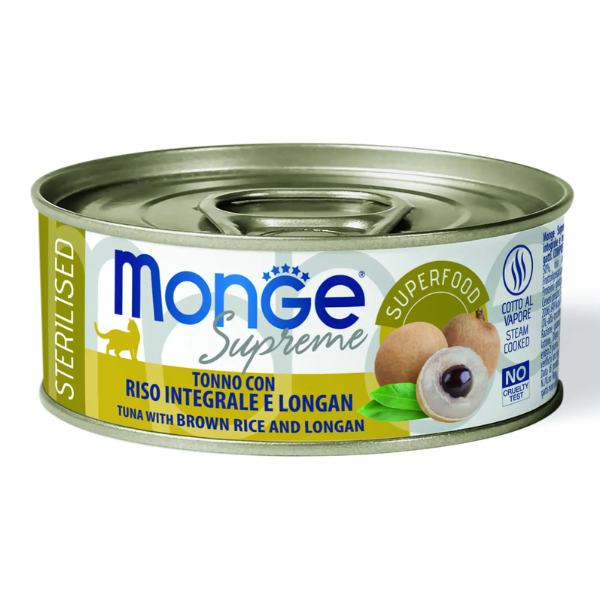 Monge Supreme Sterilised in salsa lattina da 80 gr - Tonno con riso integrale e longan