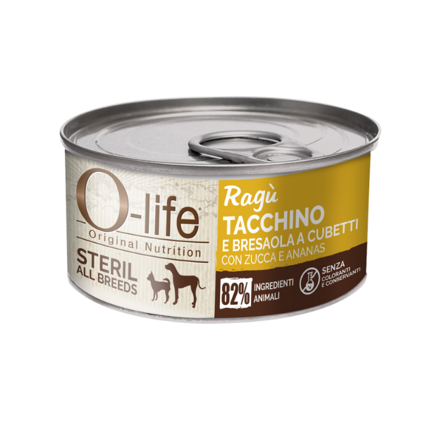 Image of O-life Dog Adult Ragù Steril 150 gr - Tacchino e bresaola a cubetti con zucca e ananas - Cibo Umido per Cani - SPEDIZIONE GRATIS 1° ORDINE + scegli lo sconto BZR5 / BZR20010