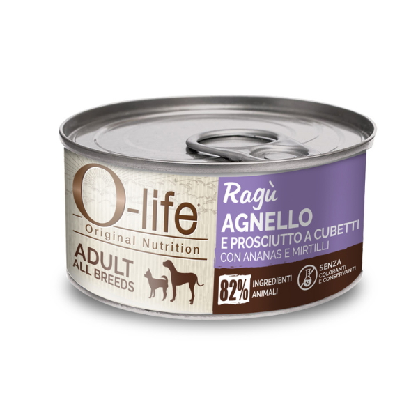 Image of O-life Dog Adult Ragù 150 gr - Agnello e prosciutto a cubetti con ananas e mirtilli - Cibo Umido per Cani - SPEDIZIONE GRATIS 1° ORDINE + scegli lo sconto BZR5 / BZR20010