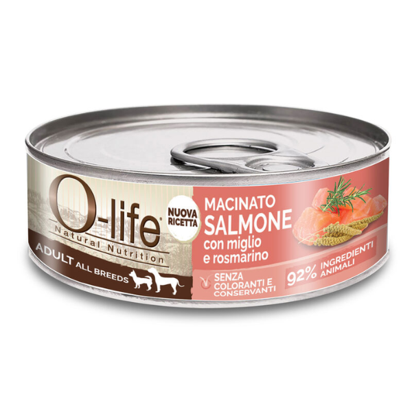 O-life Dog Adult All Breeds Macinato 85 gr - Salmone con miglio e rosmarino - Cibo Umido per Cani