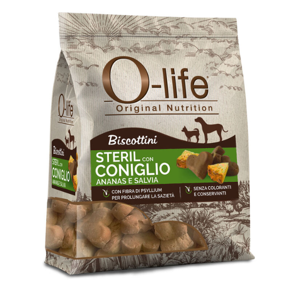 O-life Dog Adult Sterilised biscotti per cani 200 gr - Coniglio, ananas e salvia