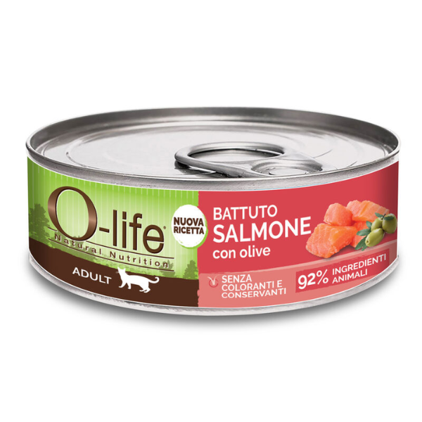 O-life Cat Adult Grain Free Battuto 85 gr - Salmone con olive - Cibo umido per gatti