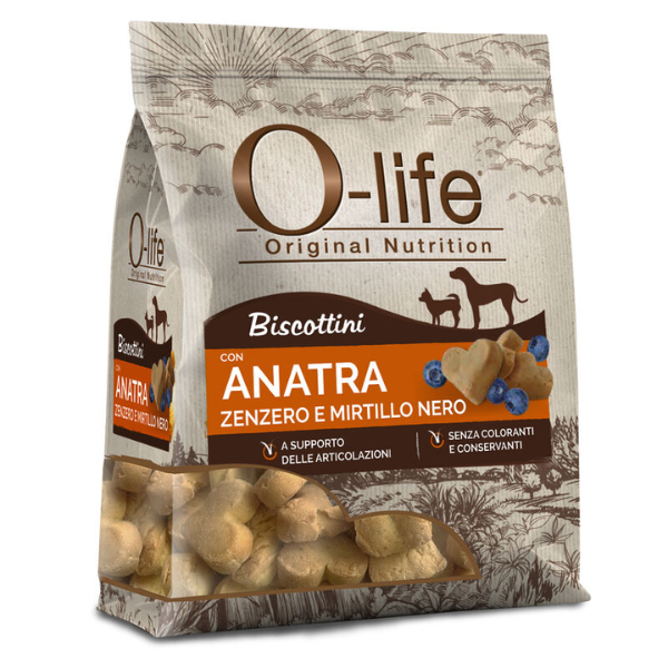 O-life Dog Adult biscotti per cani 200 gr - Anatra, zenzero e mirtillo nero