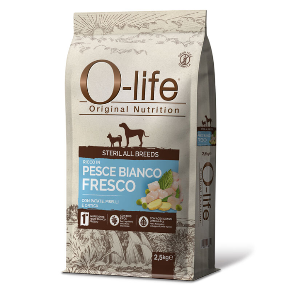 O-life Dog Sterilised All Breeds Grain Free Pesce bianco con patate - 2,5 Kg