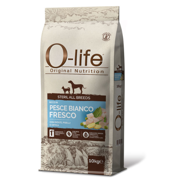 Image of O-life Dog Sterilised All Breeds Grain Free Pesce bianco con patate - 10 Kg - SPEDIZIONE GRATIS 1° ORDINE + scegli lo sconto BZR5 / BZR20010