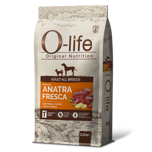 O-life Dog Adult All Breeds Grain Free Anatra e piselli - 2,5 Kg