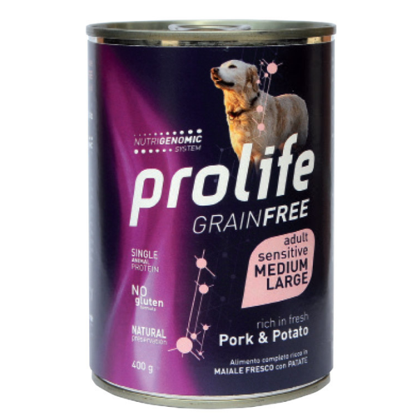 Image of Prolife Grain Free Sensitive Dog Adult Medium/Large 400 gr - Maiale e Patate - Confezione da 6 pezzi - Umido Monoproteico Cane - SPEDIZIONE GRATIS 1° ORDINE + scegli lo sconto BZR5 / BZR20010