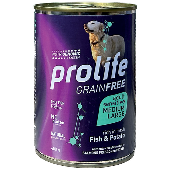 Prolife Grain Free Sensitive Dog Adult Medium/Large 400 gr - Pesce e patate - Cibo Umido per Cani