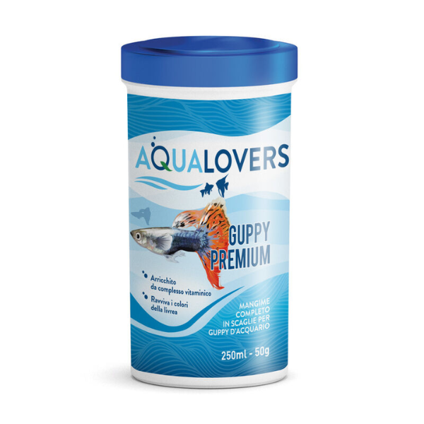 Mangime completo in scaglie per guppy d'acquario Premium Aqualovers - 50 gr