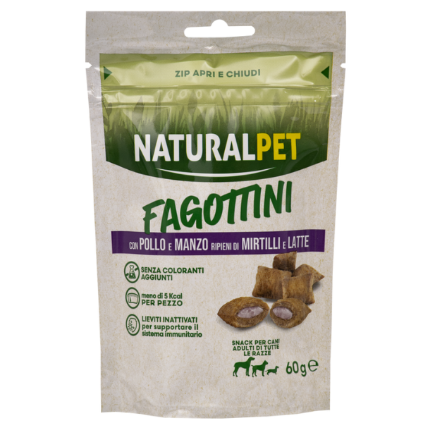 NaturalPet Fagottini ripieni Dog Adult 90 gr - Pollo e manzo ripieno di mirtilli e latte