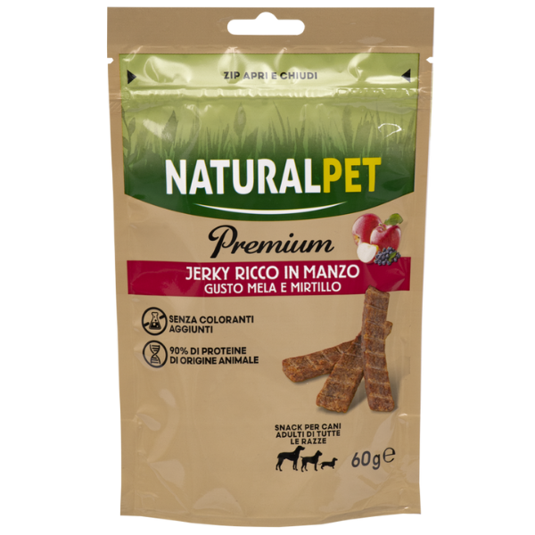 NaturalPet premium Dog Adult All Breeds Jerky Stick 60 gr - Manzo, mela e mirtillo