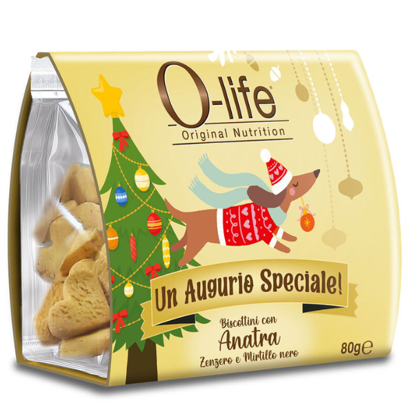 O-life Adult all breeds Biscottini di Natale per cani - Anatra, zenzero e mirtillo nero