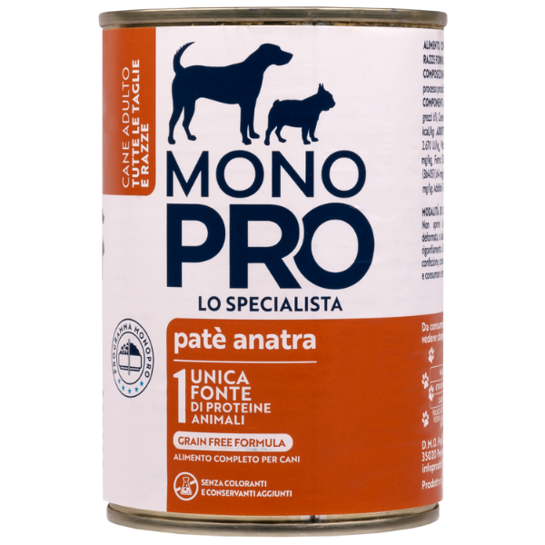 Image of Monopro lo specialista Adult All Breeds Patè Grain Free 400 gr - Anatra - Umido Monoproteico Cane - SPEDIZIONE GRATIS 1° ORDINE + scegli lo sconto BZR5 / BZR20010