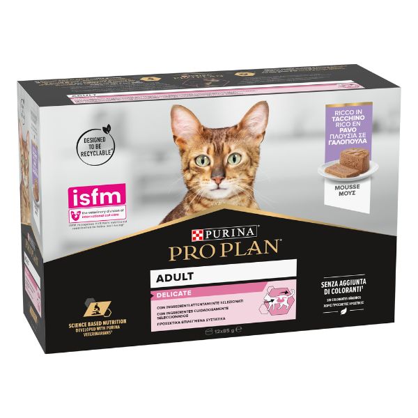 Image of Purina Pro Plan Cat Adult delicate Mousse Multipack 12x85g - Tacchino - SPEDIZIONE GRATIS 1° ORDINE + scegli lo sconto BZR5 / BZR20010