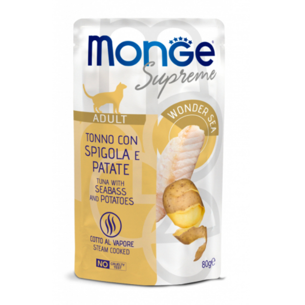 Monge Supreme Cat Adult in salsa bustina da 80 gr - Tonno con spigola e patate Confezione da 24 pezzi