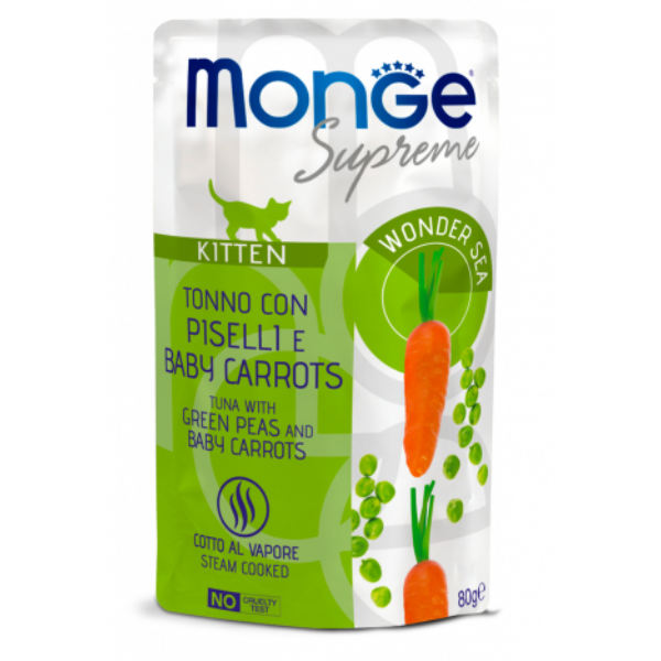 Monge Supreme Kitten in salsa bustina da 80 gr - Tonno con piselli e carote Confezione da 24 pezzi