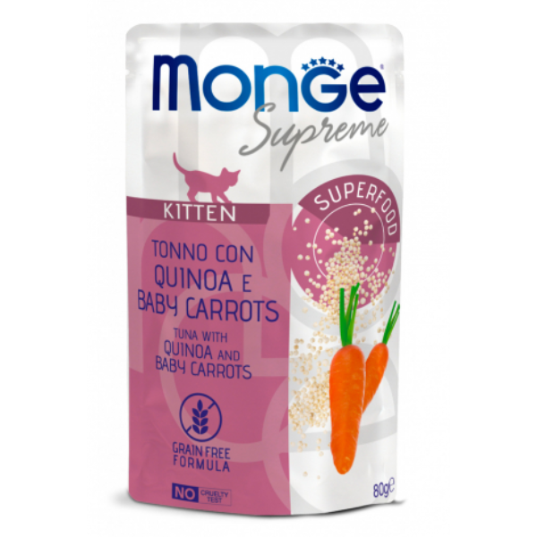 Monge Supreme Kitten in salsa bustina da 80 gr - Tonno con quinoa e carote Confezione da 24 pezzi