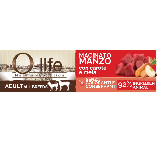 O-life Dog Adult Macinato 85 gr - Manzo con Carote e Mela