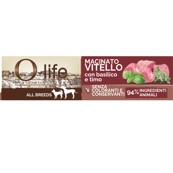 O-life Dog Adult Macinato 85 gr - Vitello con Basilico e Timo