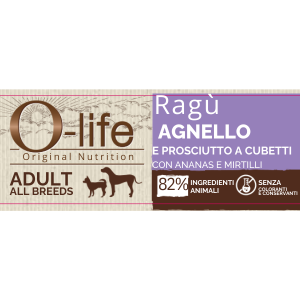 O-life Dog Adult Ragù 150 gr - Agnello e prosciutto a cubetti con ananas e mirtilli