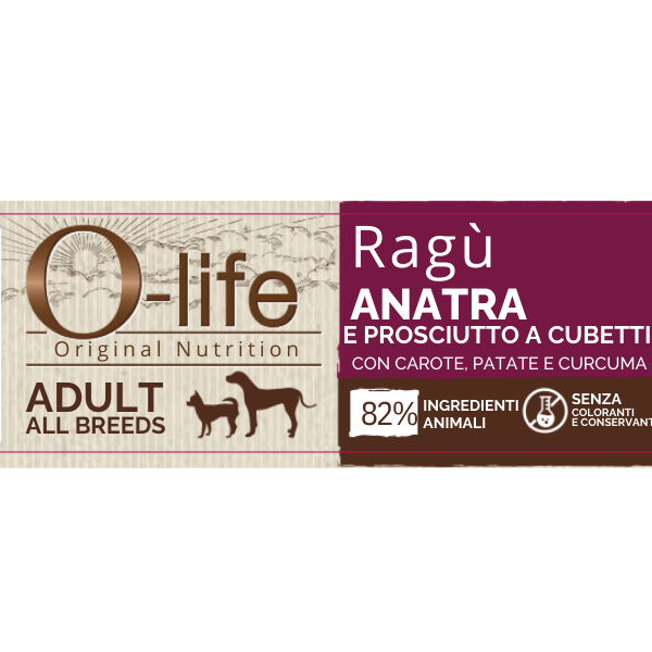 O-life Dog Adult Ragù 150 gr - Anatra e prosciutto a cubetti con carote, patate e curcuma